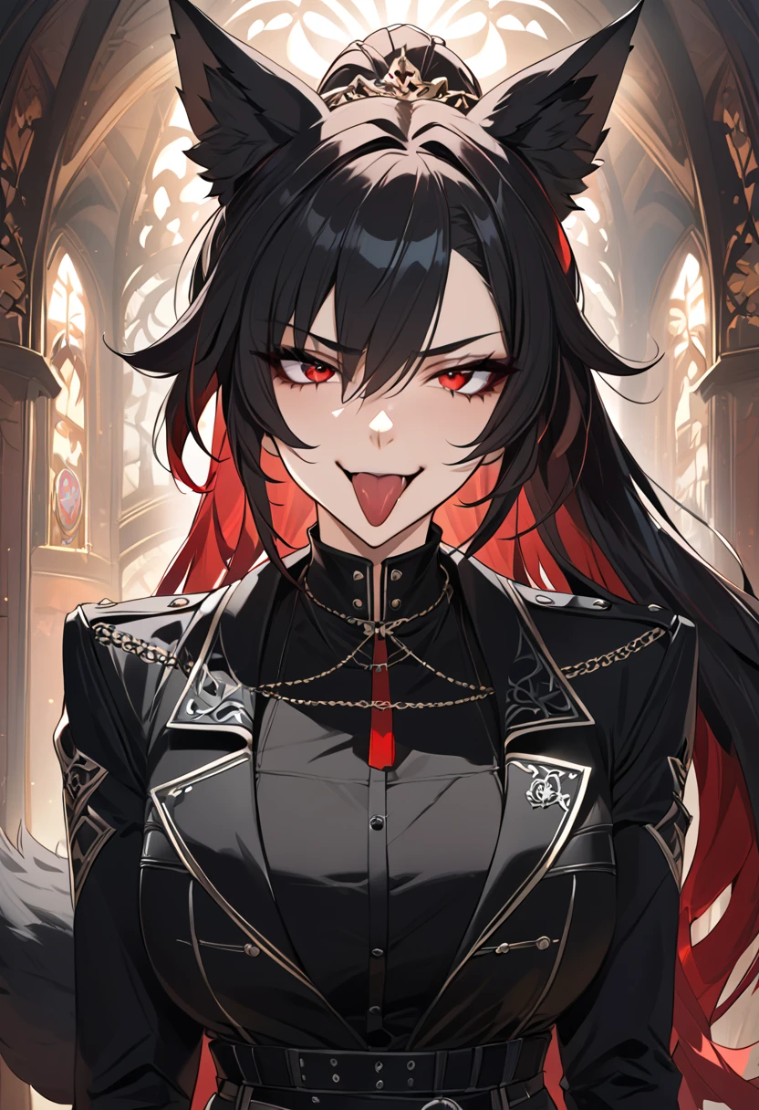 beautiful anime woman wearing a black military trench coat, tight black jeans pants, wolf ears, wolf tail, half wolf and half human, red eye color, black hair in a ponytail, light novel art, detailed anime art, anime, regal, royal, sexy, thicc, beautiful feminine facial features, flirtatious, sultry, slutty, petite, sharp canines, aheago, villain, all black clothing, high quality, very detailed anime art, feminine, slender face, military general vibes, pretty girl, good lighting, close up shot of face, red highlights, lewd smile, cute, naughty wolf girl, cross eyed sticking her tongue out like a slut, naughty and silly lewd expression, very horny wolf girl, bad bitch, naughty slut, bad girl 