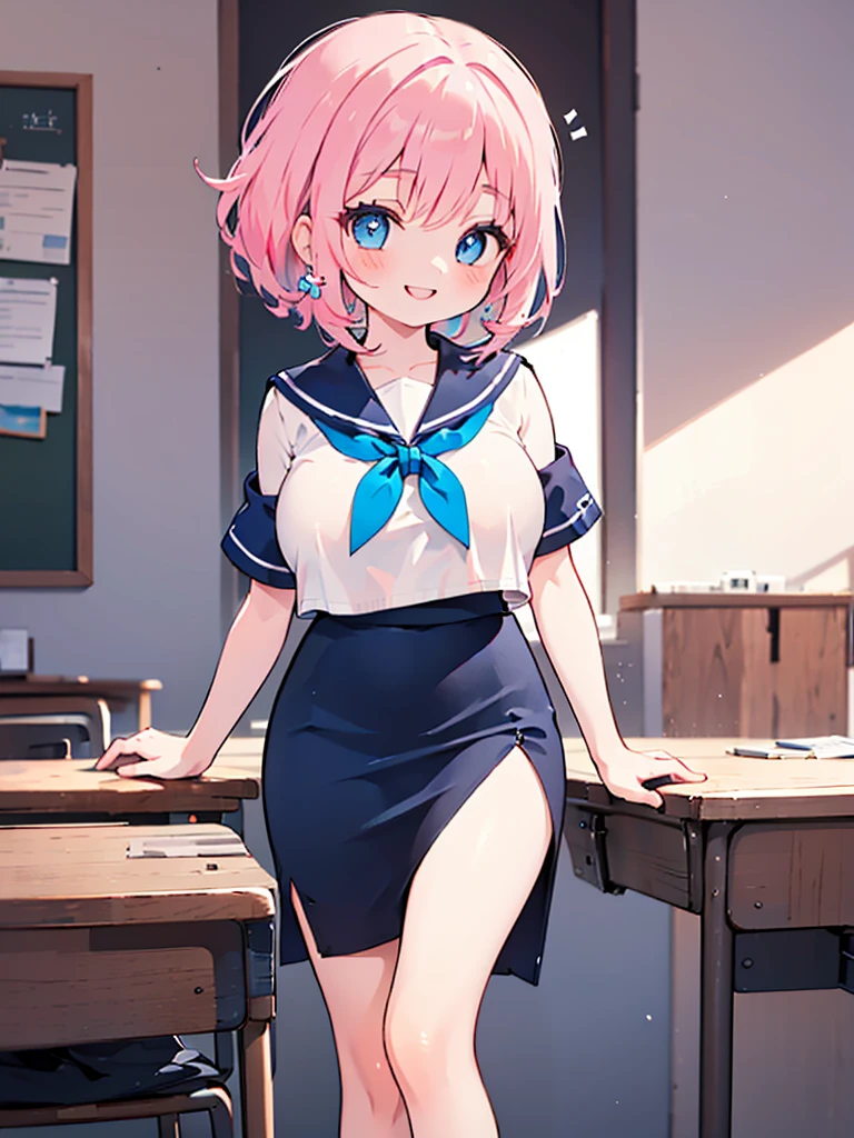 Perfect human body，1 girl， (very highly detailed background，‎Classroom)，dual horsetail， 鎖骨，(Ultra short sleeveless sailor top)，Bow knot，navel，Low-rise miniskirt，semi transparent，(White stockings)，((woman with fever)), ((Sweated,steams,college aged))), Huge compression of color)), (blush blush:1.2),