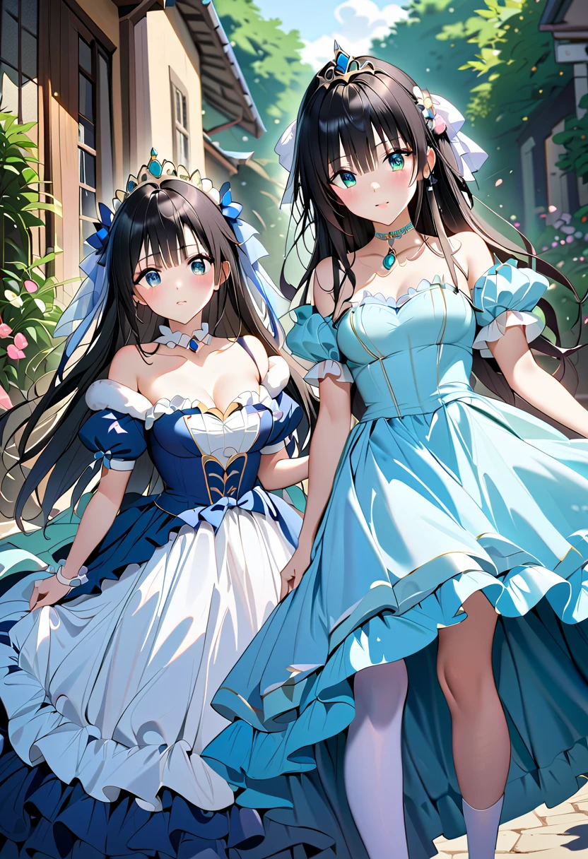  best quality、High image quality、最High image quality、４ｋ、８ｋ、Furukawa Yui、 Teal Eyelids、 black hair、 long hair、white and blue princess dress、Choker with brooch、Empty chest、Puff Shoulder、 Long Skirt、 Long Grove 、 tiara 、 stockings、 stiletto heels 、