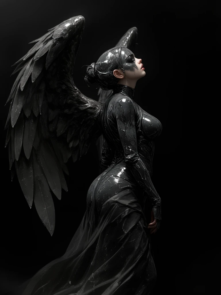 hyper-realistic black marble cyborg woman angel with big wings, (wearing subtle electronic pieces in her skin) wearing a Greek dress, in the style of Michelangelo or Bernini, minimalist image, monotone, isolated on a dark background, oil painting, a detailed painting, ink artistic conception, real paint texture, hyper-realistic, depth of field, fine facial features, dramatic lighting, Realistic, highly detailed, masterpiece, 8k, Cinematic Composition, dark moody vibe, Dramatic Shadows, Intricate and elaborate pattern, 30 megapixel, chiaroscuro lighting, moody color palette, deep contrast, realistic anime style, A fusion of the styles of Katsuya Terada, Range Murata, Akiman and JUNNY