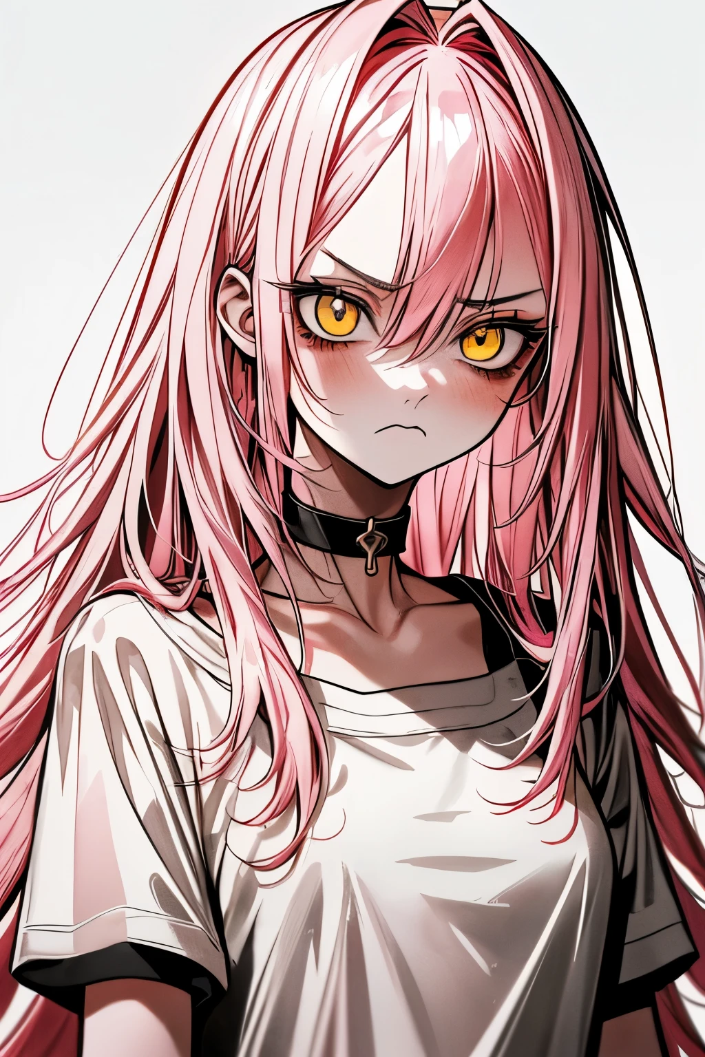   Top quality  , masterpiece,   high resolution, 8k,  girl,   Long Pink Hair  ,  yellow eyes,  white t-shirt ,   white background with nothing, angry face , Black Choker 