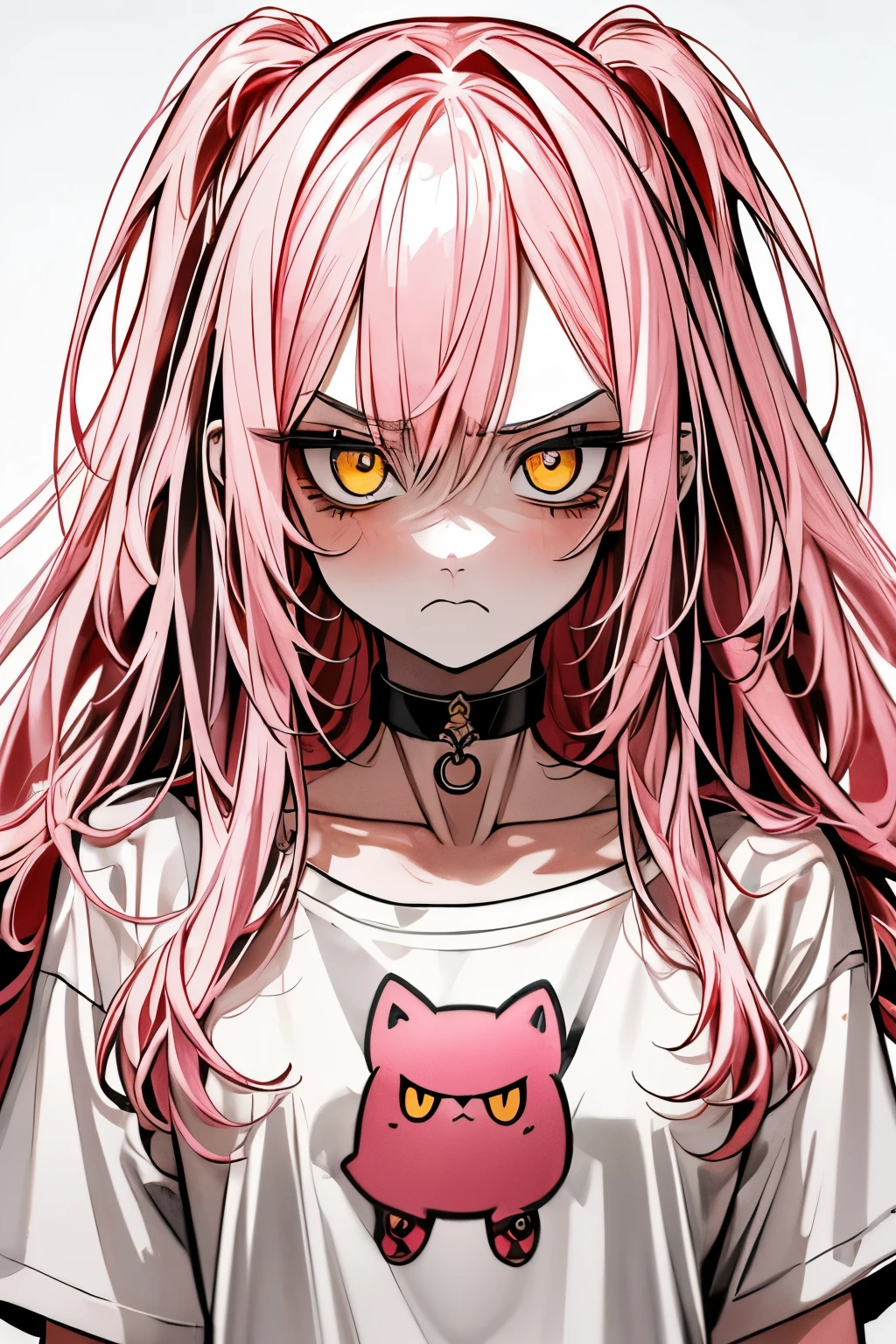   Top quality  , masterpiece,   high resolution, 8k,  girl,   Long Pink Hair  ,  yellow eyes,  white t-shirt ,   white background with nothing, angry face , Black Choker 