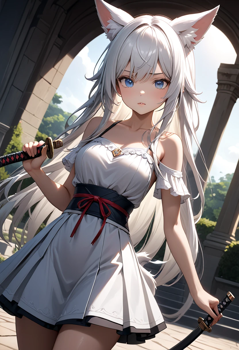 girl 、 cute 、 blue eyes , White hair , Long hair , like fur , Animal ears , Tail 、 White Dress 、 Mini Pleated Skirt 、 masterpiece 、 Noise Reduction 、 Perfect Anatomy 、 High Resolution 、 Super detailed 、 Game CG 、 Dutch angle 、 exquisite details 、visual arts、Perfect hand、Lighting bright、serious、daytime、fantasy、palace front yard、holding a mini katana、practicing、