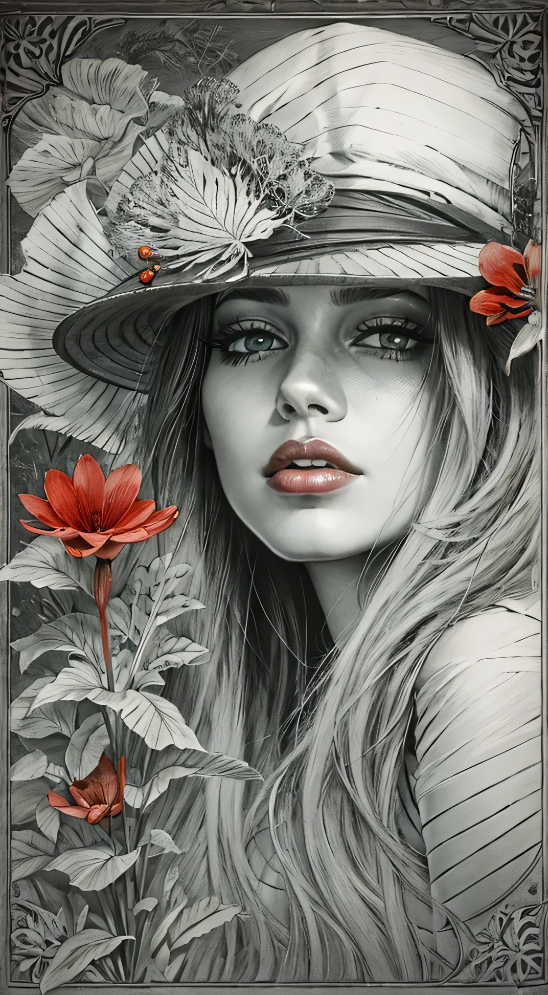 [Em uma folha de caderno de desenho com linhas azuis, A beautiful and intriguing woman looks at the viewer with a faint pouty lush lips. Extremely detailed sad eyes. Ela tem cabelos longos e escuros, que caem sobre os seus ombros. She wears a black hat adorned with a pop of red flower. Monochrome tones. The hat contrasts with the white background of the leaf. The image is a true work of art of pencil painting, inspired no estilo realista e detailed de Diego Koi, um famoso artista italiano.]