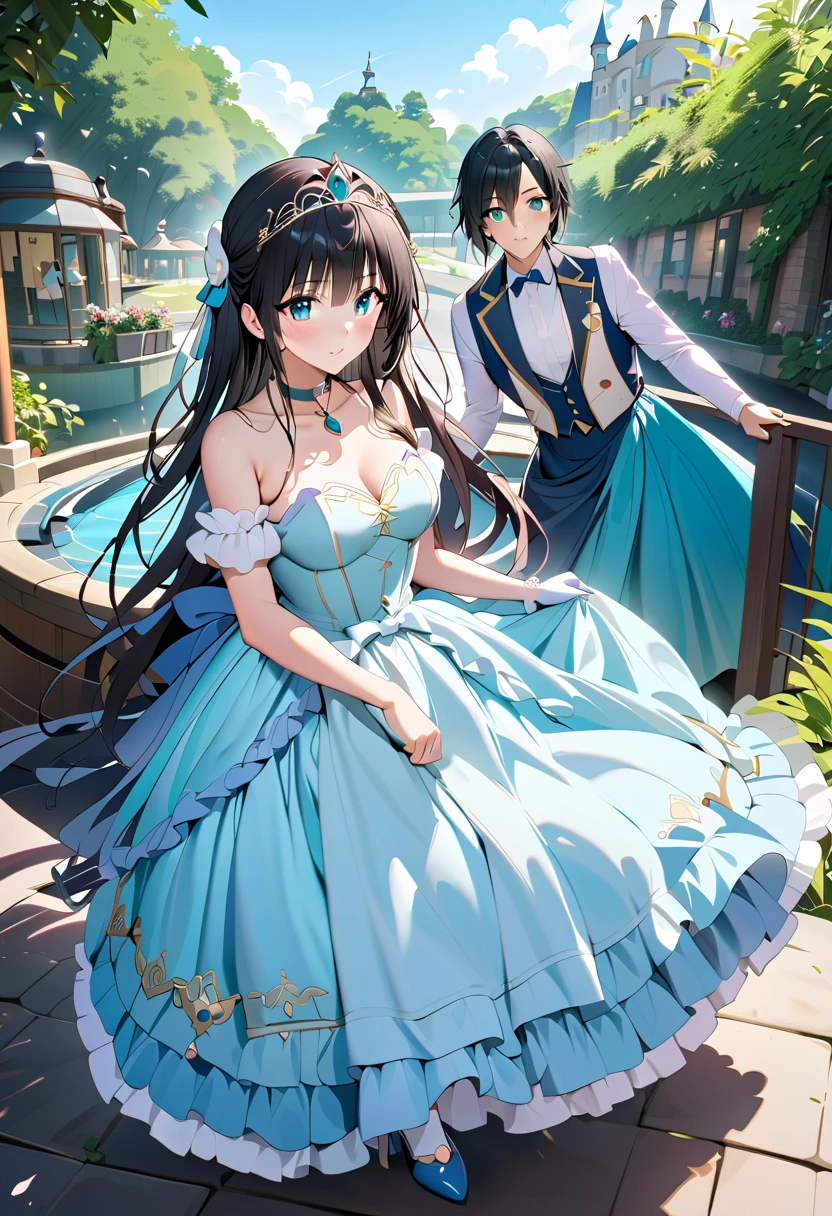  best quality、High image quality、最High image quality、４ｋ、８ｋ、(Furukawa Yui)、( Teal Eyelids)、 black hair、 long hair、white and blue princess dress、Choker with brooch、Empty chest、Puff Shoulder、 Long Skirt、 Long Grove 、 tiara 、 stockings、 stiletto heels 、