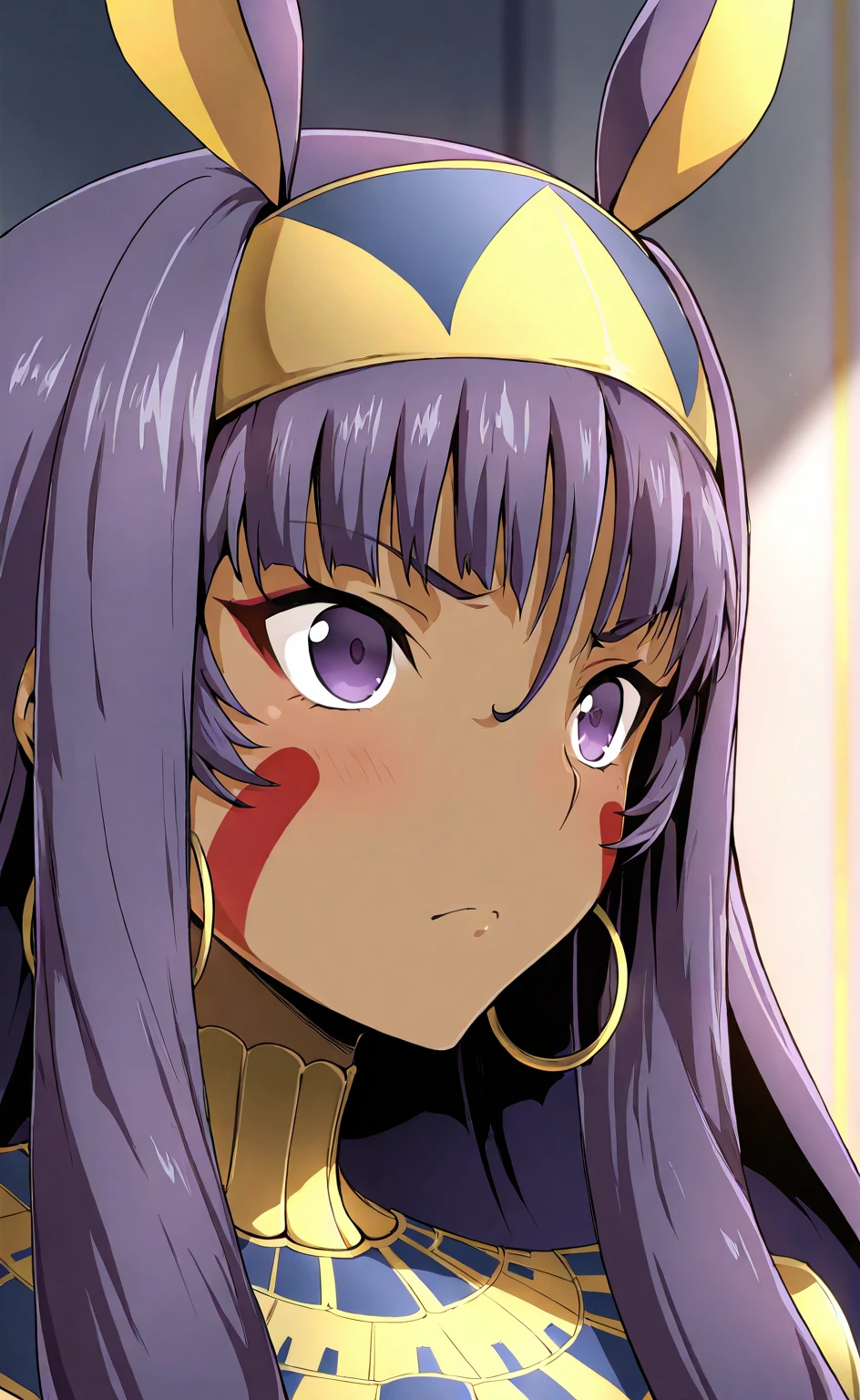 high resolution, masterpiece, necessary, detail, best quality, quality, necessary, details, High details, Precise, 
 
1girl, ufotable style, ufotable anime, 

Nitocris, nitocris (fate), nitocris Fate Grand Order, fate,  Fate Grand Order, long hair, purple hair, purple eyes, tan skin, animal ears,

