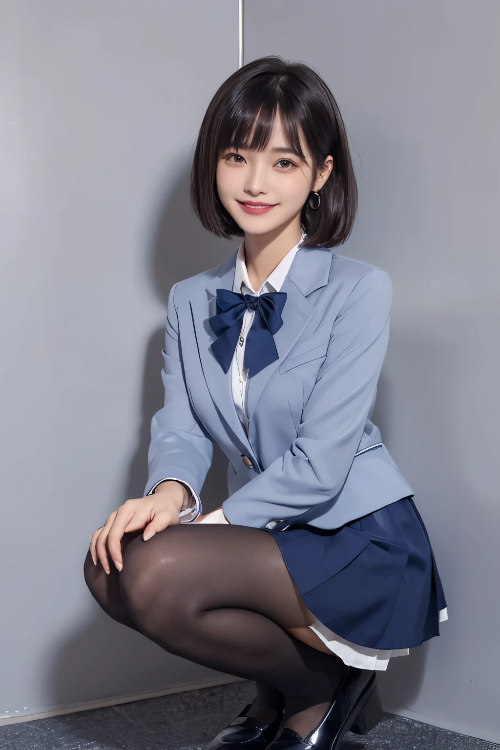  Max Image、HDR、Navy Blue Blazer、((Long tight skirt that hides the knee in plain navy blue ))、White blouse、((navy blue plain large bow tie))、((( black pantyhose that hold the right side of the chest)))、(( Black Loafers ))、((A full-body photo of a crouching figure showing all the way to the feet))、Cute high school girls、Height: 160cm、 smile like an idol 、 smiling and smiling、 professional writing、((The background is a plain wall in a photo studio ))、(( Max Image)),((Beautiful double eyelids ))、（ long lashes）、((( The blazer and skirt are the same dark blue and the material is the same)))、((Dark brown, glossy hair ))、((Model Face Change ))、(( Ribbon Design Change))、((No handkerchief))、((silver cherry pin badge on collar))、 very short hair、((silver cherry pin badge on collar))、D Cup、(( best smile))、As cute as a popular idol、((The jacket and skirt are the same color))