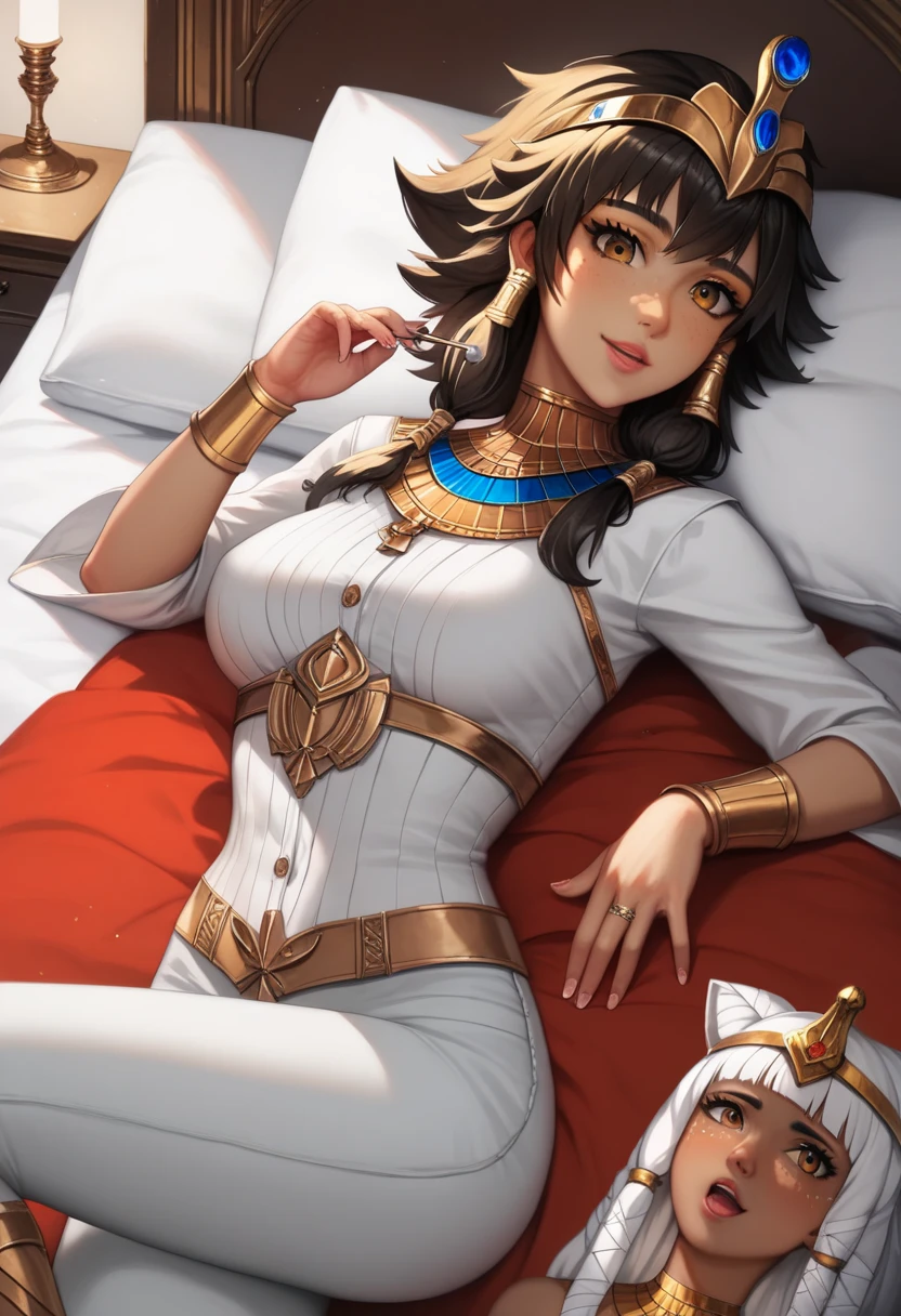 anime image of a woman dressed in black lying on a bed, Top rated on pixiv, , commission for high res, 2b, 2b, ,  high-quality fanart , On surveillance,  Bright white skin , detailed fanart, commission for, Pharaoh, Taliyah joven, detailed and exquisite fanart , Full Taliyah,  detailed divinity 