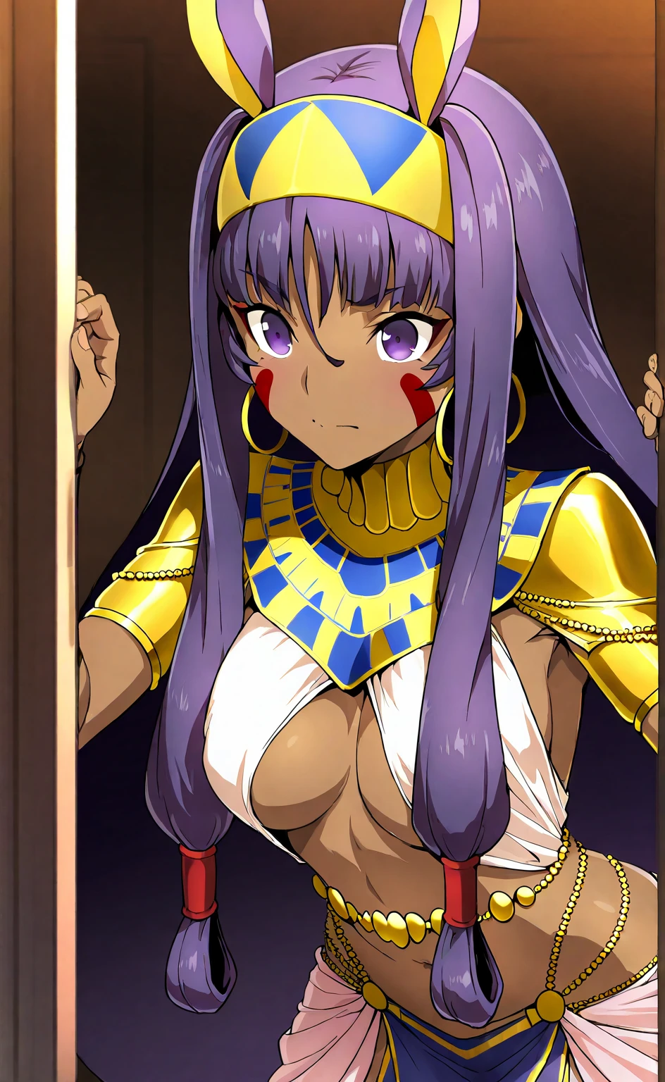 high resolution, masterpiece, necessary, detail, best quality, quality, necessary, details, High details, Precise, 
 
1girl, ufotable style, ufotable anime, 

Nitocris, nitocris (fate), nitocris Fate Grand Order, fate,  Fate Grand Order, long hair, purple hair, purple eyes, tan skin, animal ears,

