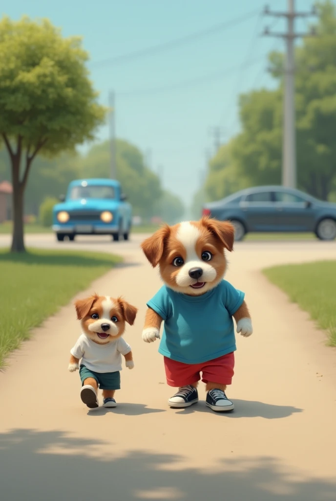 A 3-year-old boy holding a corgi dog, wearing blue overalls, the picture is very warm and healing, with realistic details, solid color background, 3D rendering, cute Q version, super details, realistic, photography, ultra-high definition