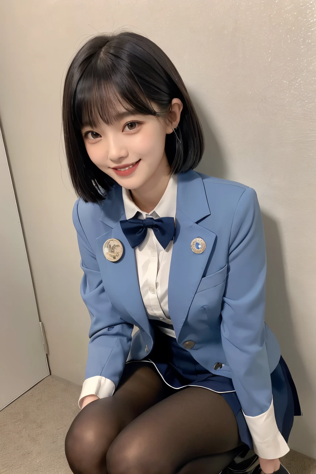  Max Image、HDR、Navy Blue Blazer、((Long tight skirt that hides the knee in plain navy blue ))、White blouse、((navy blue plain large bow tie))、((( black pantyhose that hold the right side of the chest)))、(( Black Loafers ))、((A full-body photo of a crouching figure showing all the way to the feet))、Cute high school girls、Height: 160cm、 smile like an idol 、 smiling and smiling、 professional writing、((The background is a plain wall in a photo studio ))、(( Max Image)),((Beautiful double eyelids ))、（ long lashes）、((( The blazer and skirt are the same dark blue and the material is the same)))、((Dark brown, glossy hair ))、((Model Face Change ))、(( Ribbon Design Change))、((No handkerchief))、((silver cherry pin badge on collar))、 very short hair、((silver cherry pin badge on collar))、D Cup、(( best smile))、As cute as a popular idol、((The jacket and skirt are the same color))