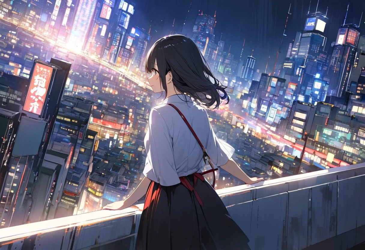 night view,rain,panorama,tokyo tower,Tokyo、Shibuya、building、rooftop、rain、、rain、cloud、uniform、youth、Back view、、Panorama、beautiful hair,
sad