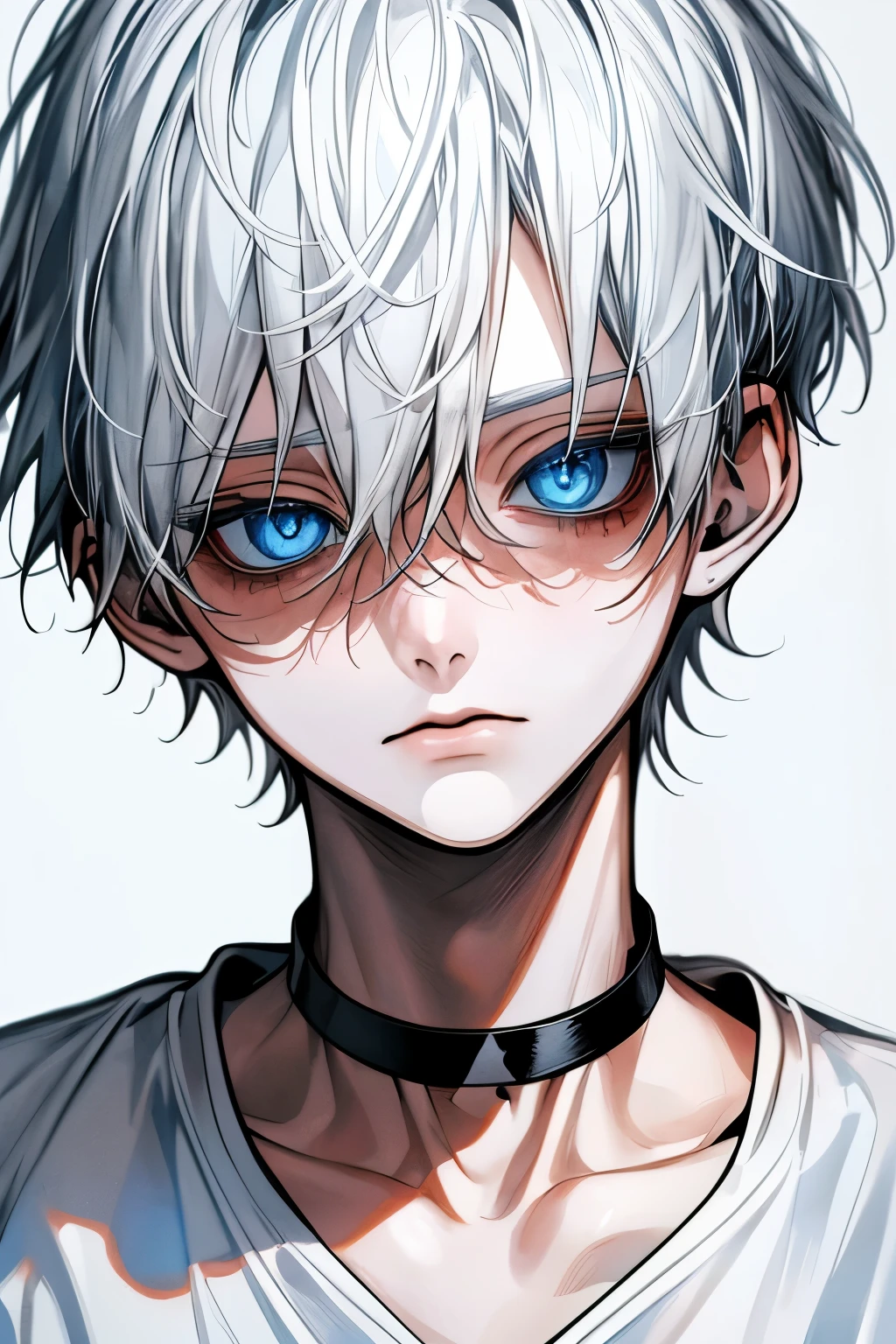   Top quality  , masterpiece,   high resolution, 8k, Boy,   white hair ,  Blue eyes,  white t-shirt ,   white background with nothing, expressionless face  , Black Choker , frontal