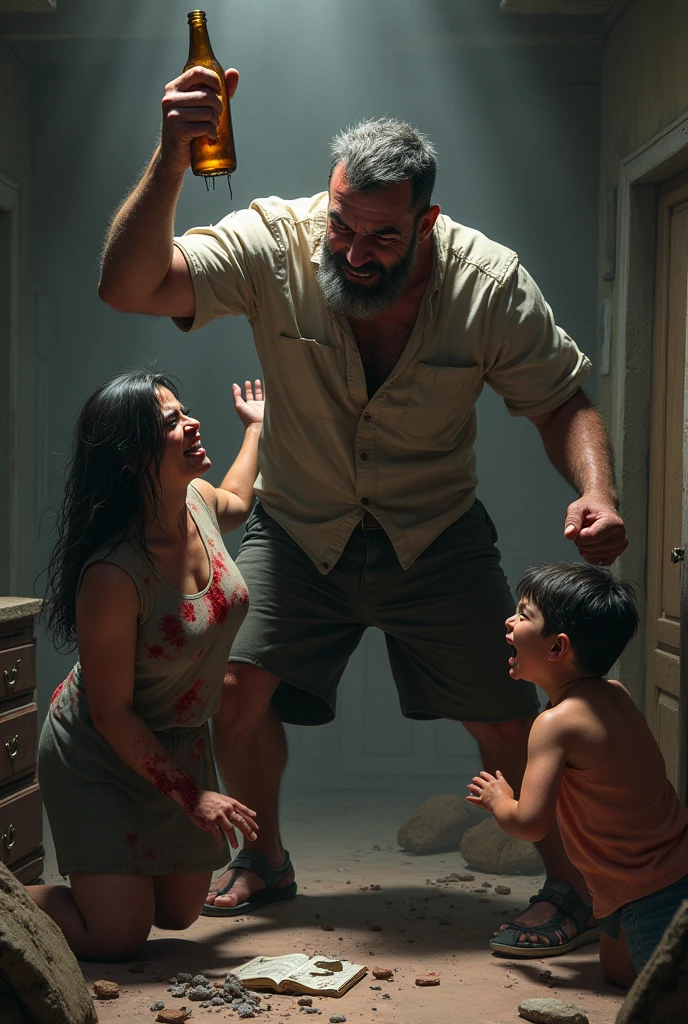 Create an image of a father hitting his mother and male child learning