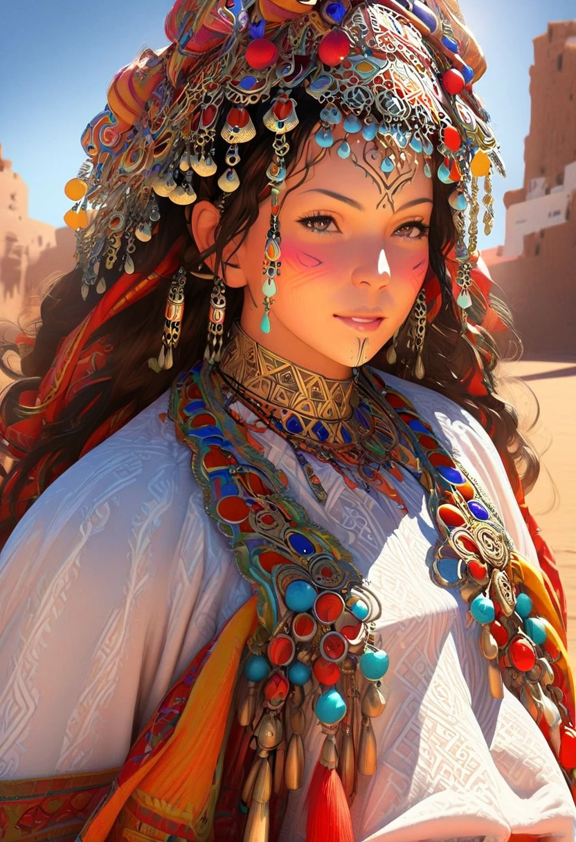 (best quality,photorealistic),vibrant colors, detailed facial features, intricate hair, traditional attire, confident posture, traditional Moroccan jewelry, sunlight illuminating the scene, lively and energetic composition.