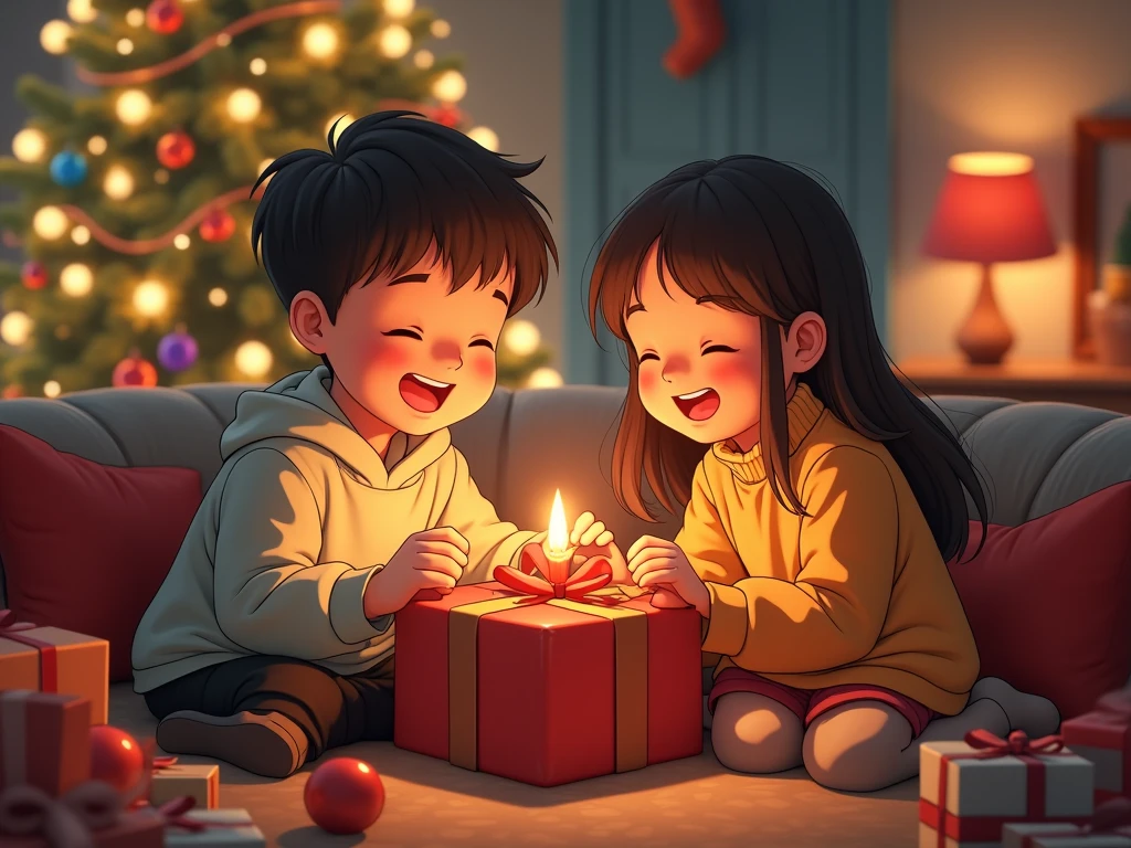 Create anime image of mother and father open the big mystery box inside the living room of the house and found a sparkle candy strawberry flavored inside.