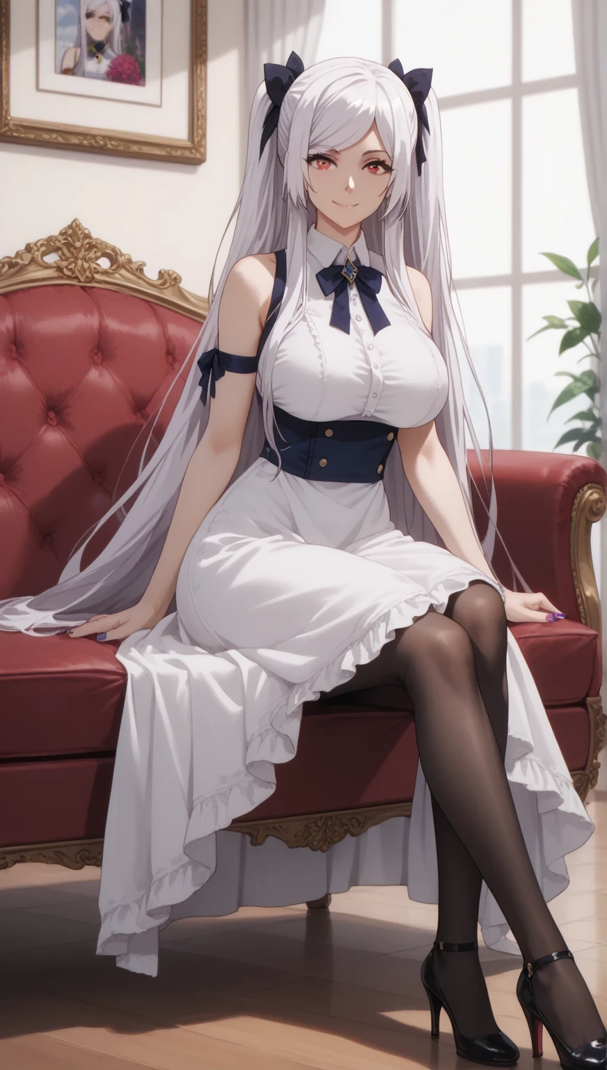 Source anime, Tall girl, Fit girl,score_9, score_8_up, score_7_up, score_6_up, uncensored, alexia midgar, long hair, black hair ribbon, white hair, red eyes, sidelocks, ribbon, huge breast, 1girl, solo, high_heels, shoes, sitting, dress, flower, nail_polish, pantyhose, couch, smile