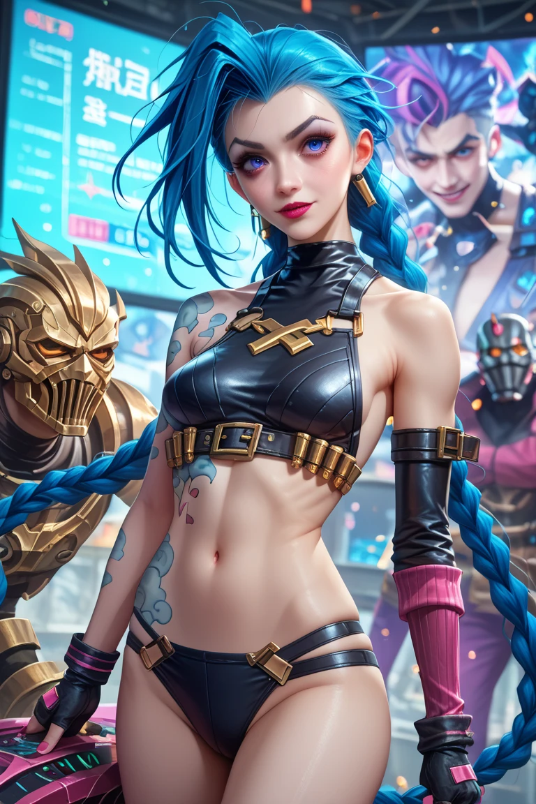 uma Jinx futurist de League of Legends Arcane, warrior,  a mask in front of your half face , (Finely detailed leather), light skin, (em um top preto cyberpunk futurist profundo,  and briefs made of circuit boards ,  Japanese words with flash effect ., beautiful epic composition, futurist,  masterpiece , attractive, posing for a photograph, dark and blurred background, dynamic pose dynamic stripe 