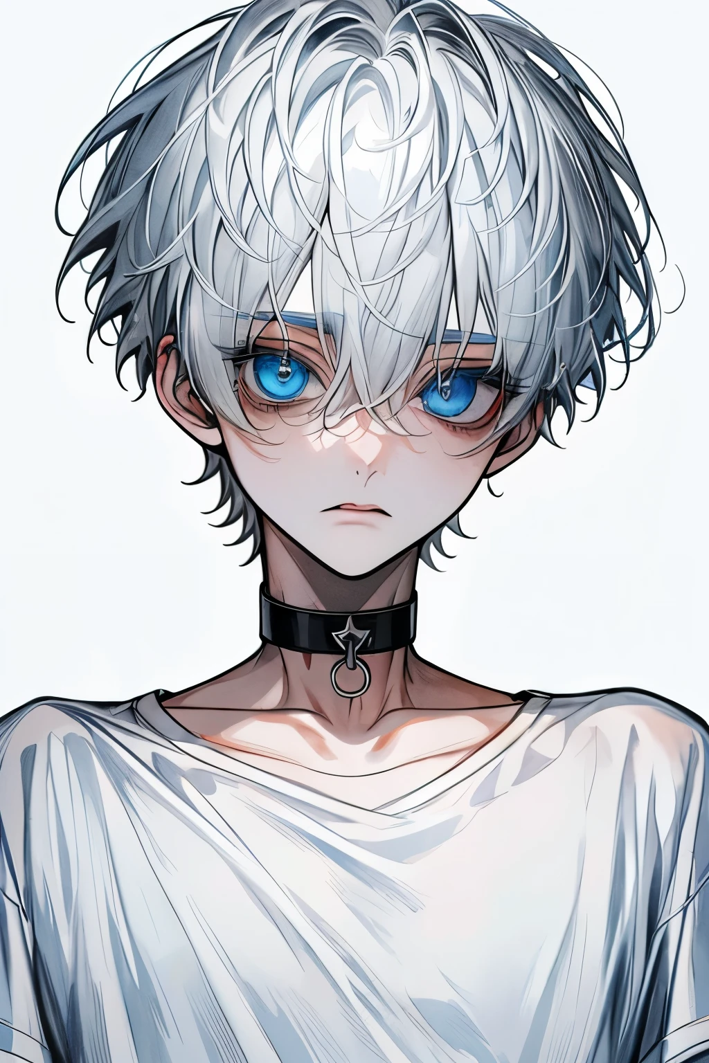   Top quality  , masterpiece,   high resolution, 8k, Boy,   white hair ,  Blue eyes,  white t-shirt ,   white background with nothing, expressionless face  , Black Choker , Front view