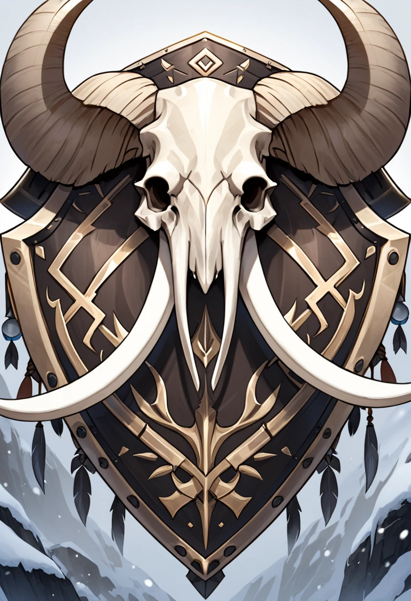 a winter tribal fantasy emblem/bone-like shield with a mammoth skull from frontward with long tusk 
