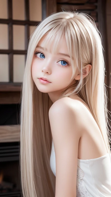 Raw photography、(((Portrait of extreme beauty)))、((shining white skin))、女の子1人、 cute girl from Prague、((Bright blonde hair with natural sheen))、[blue eyess]、silky fine hair、stright long hair、eye liner、bangss、Hair between the eyes hangs down、((​masterpiece、top-quality、ultra-detailliert、Film Light、intricate-detail、hight resolution、8K、ighly detailed))、细致背景、8K UHD、Digital SLR、Soft light、hightquality、Film grain、FUJI XT3 、Shallow depth of field、natural soft light、（perfect hand）、perfect beautiful face naked　fullnude