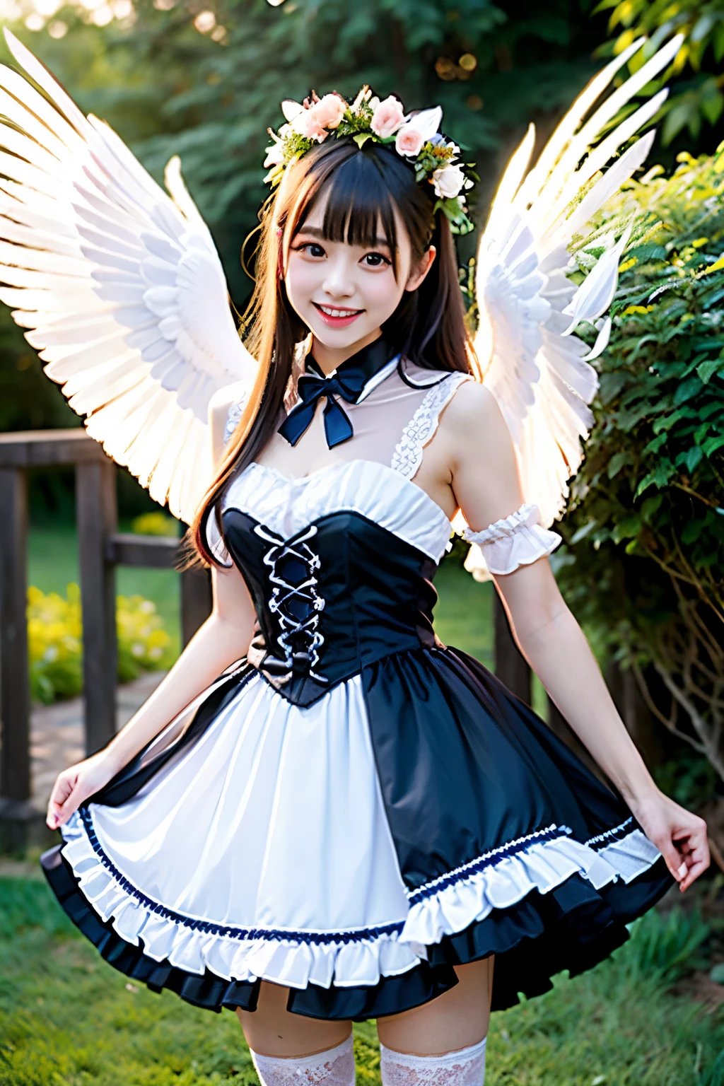 (8k,  RAW photos ,  best quality,   Masterpiece : 1.2), ( realistic , photo realistic : 1.37),  super detailed,  super high resolution, Girl 1, ,   Beautiful and Detailed Face  , smile, teeth, (Feather Cut: 0.6), ( shot from the front)、 black gothic lolita fashion, standing ,   Professional Writing  , garden、  knight 、  full body photo , Neat、Lesbian all over、 White Sheer Socks 、 floral、 Big Angel Wings Growing from Their Backs.、white feather、Shining Feathers 、 Feathers Fluttering 、( shot from the front)、