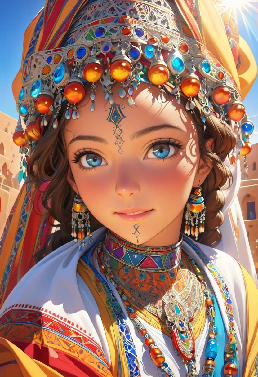 (best quality,photorealistic),vibrant colors, detailed facial features, intricate hair, traditional attire, confident posture, traditional Moroccan jewelry, sunlight illuminating the scene, lively and energetic composition.