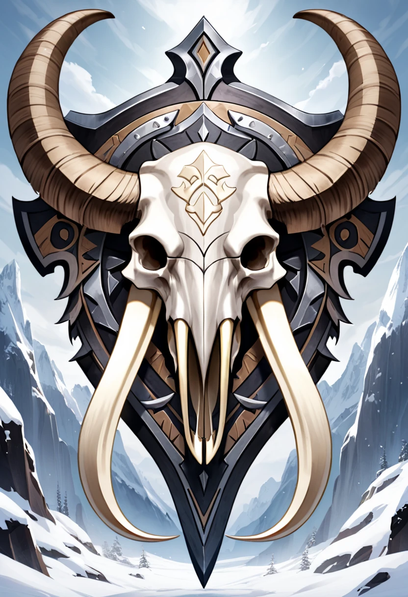 a winter tribal fantasy emblem/bone-like shield with a mammoth skull with long tusks from frontward 
