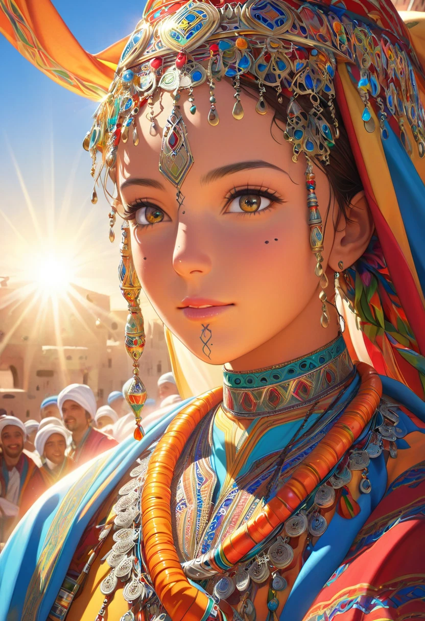 (best quality,photorealistic),vibrant colors, detailed facial features, intricate hair, traditional attire, confident posture, traditional Moroccan jewelry, sunlight illuminating the scene, lively and energetic composition full picture please 