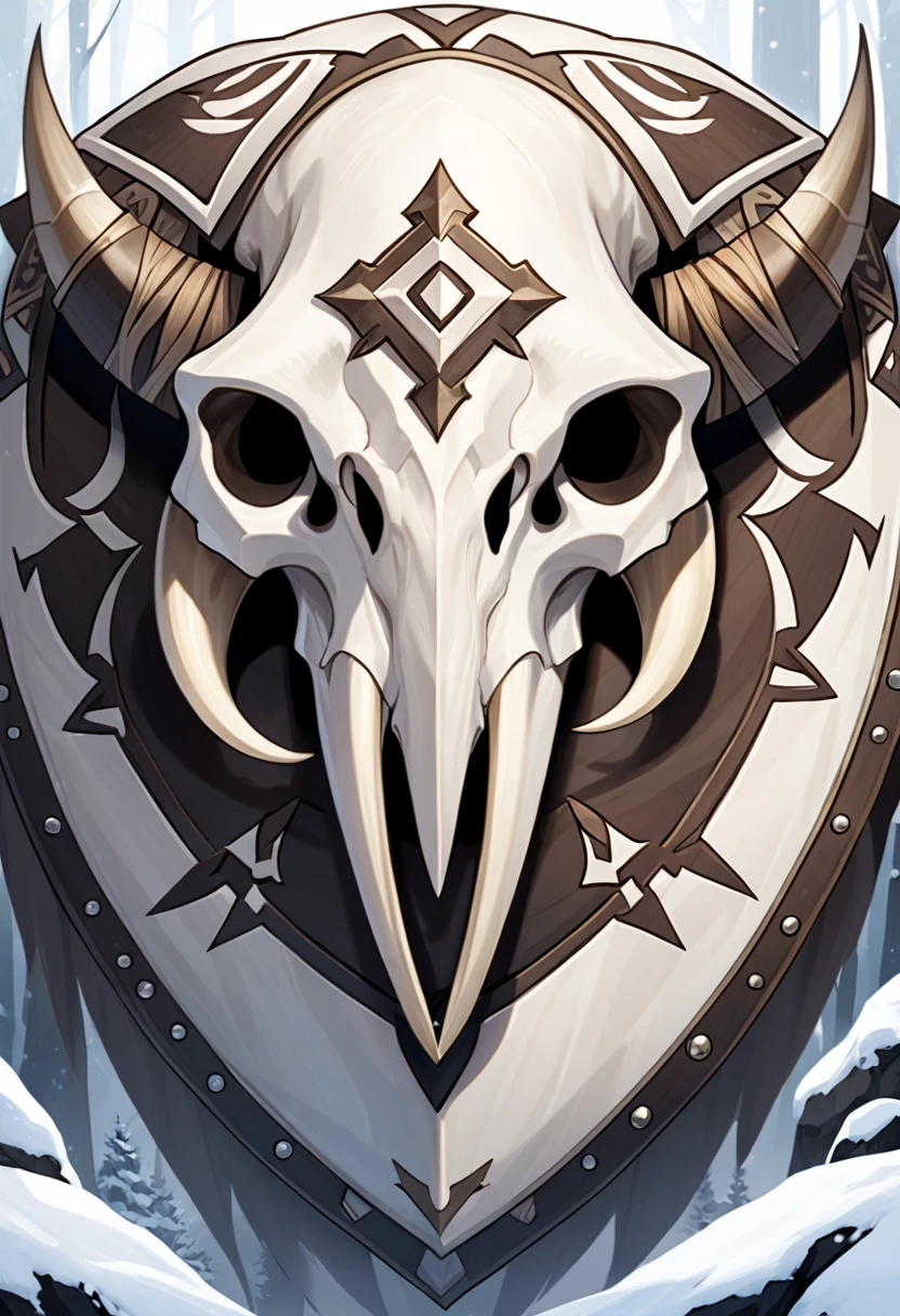 a winter tribal fantasy emblem/bone-like shield with a mammoth skull  from frontward
