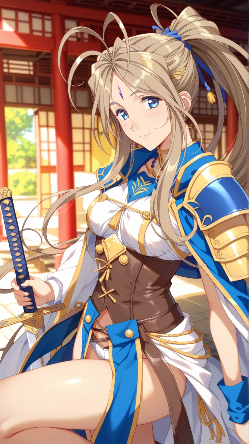 (Belldandy:1.25)、 1 woman、solo、20-year-old woman、Light brown hair、Shiny Hair、 high ponytail 、 blue eyes、Glamorous eyes、 textured skin、female knight、 female Valkyrie armor、1 lightly armed 、Shoulder Bare、Shoulder protector、waist protector 、 foot protector 、Thin Sword、 standing、whole body、front、 high definition ,  best quality、 Detailed Details 、temple、( blur the background :1.0)、