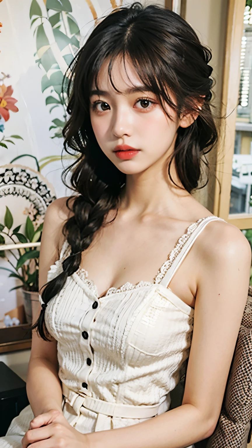 best quality, one beautidebtul woman, 20 years old, 35mm Lens, debt/1, dark brown eyes, braids , black hair, pale skin, medium chest, natural light