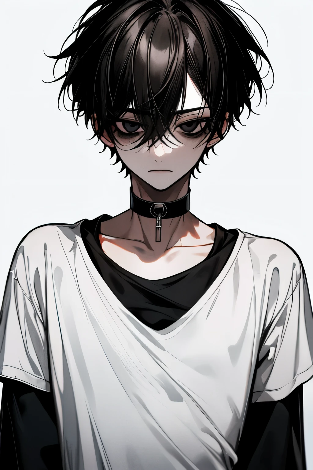   Top quality  , masterpiece,   high resolution, 8k, Boy,   dark hair  ,  black eyes without pupils,  white t-shirt ,   white background with nothing, expressionless face  , Black Choker , Front view