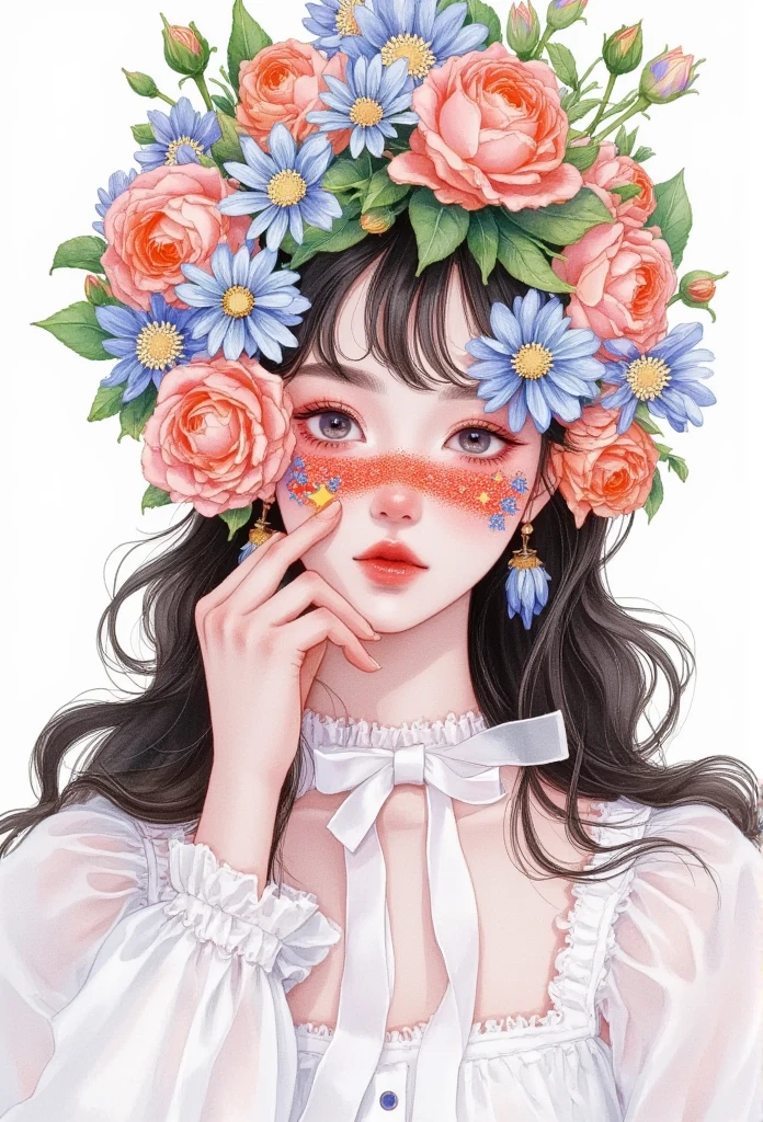  Colored pencil sketch ， a woman with flowers in her hair and a white shirt, Flower Empress, Flower Goddess, girl with a Flower head, She wears a flower crown , Painted face girl, Flowers covering eyes, Flower head, artstrationTrend , Flower Empress, Lotus flower crown girl, Girl in the flowers, Girl made of flowers,  decorative halo 