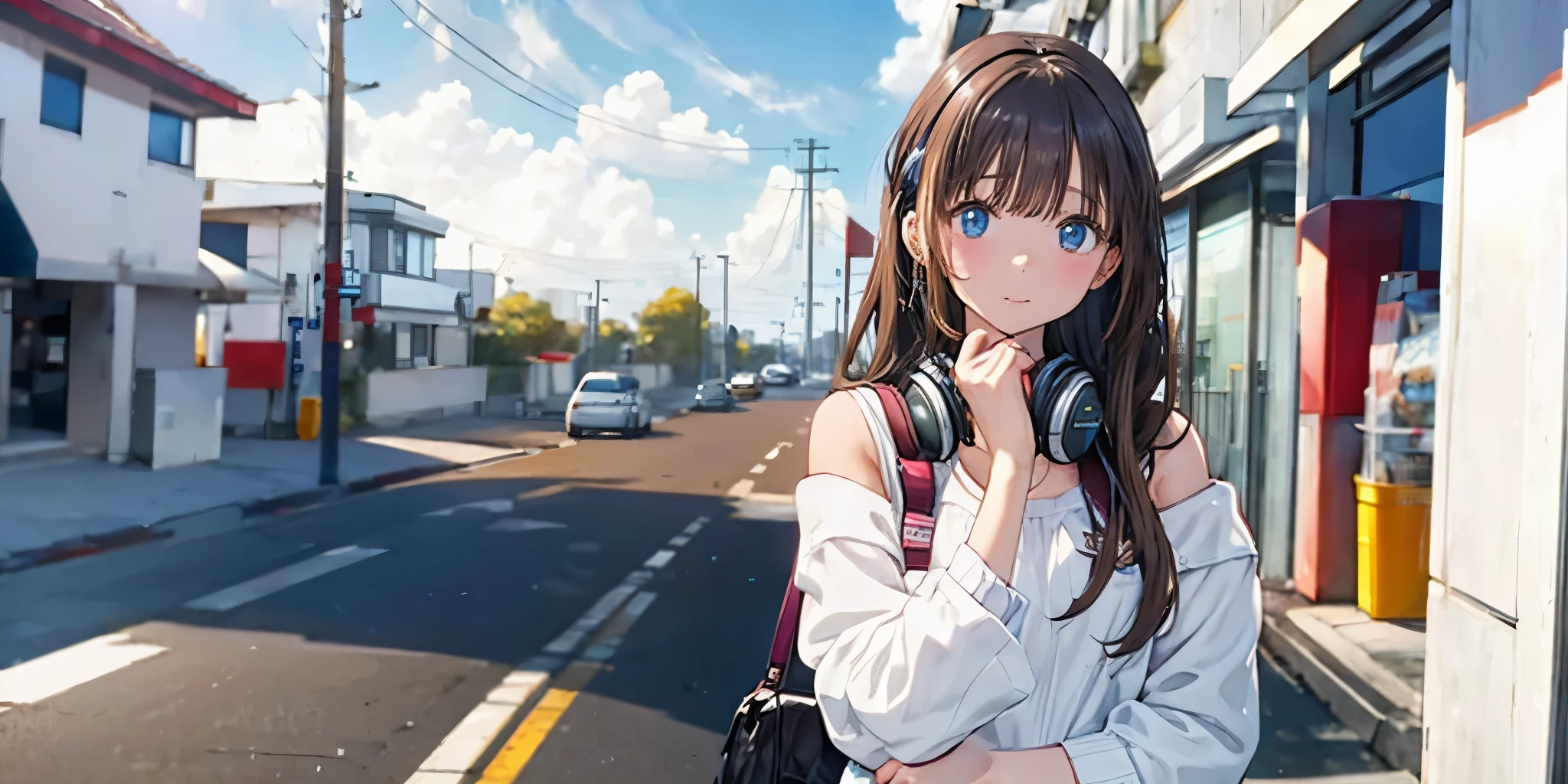Beautiful brown-haired girl wearing headphones waiting for her lover alone in front of a convenience store