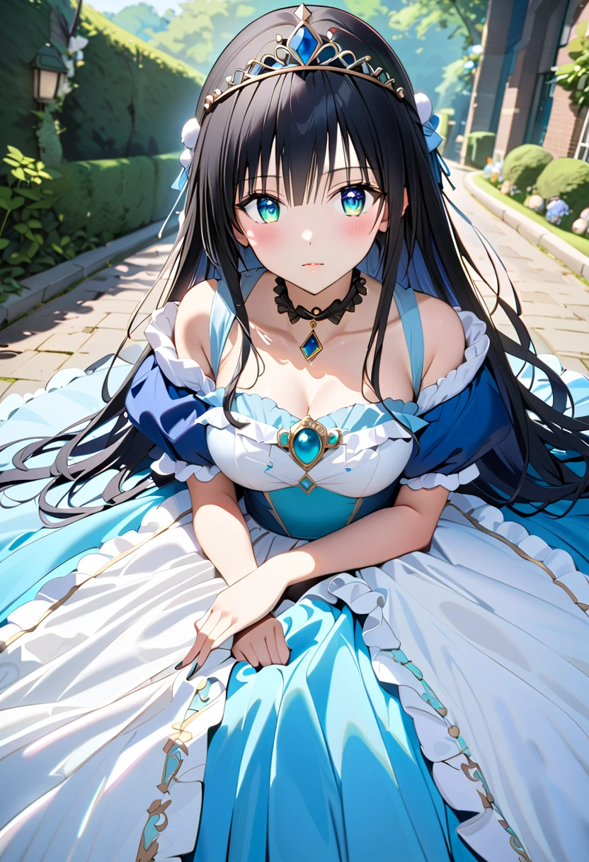  best quality、High image quality、最High image quality、４ｋ、８ｋ、((Furukawa Yui))、(( Teal Eyelids))、 black hair、 long hair、(((white and blue princess dress、Choker with brooch、Empty chest、Puff Shoulder、 Long Skirt、 Long Grove 、 tiara 、 stockings、 stiletto heels )))、