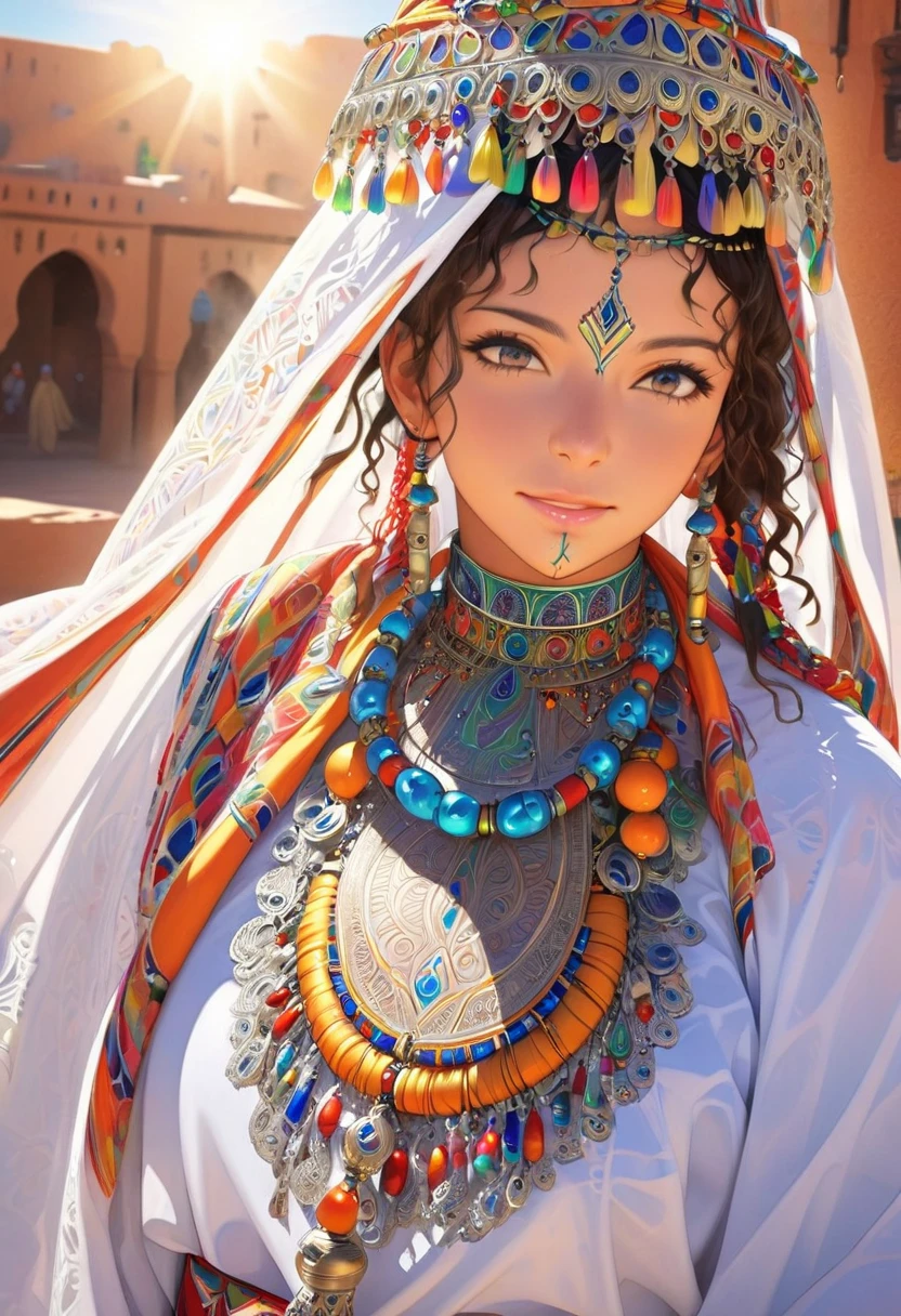 (best quality,photorealistic),vibrant colors, detailed facial features, intricate hair, traditional attire, confident posture, traditional Moroccan jewelry, sunlight illuminating the scene, lively and energetic composition 16k full picture please 