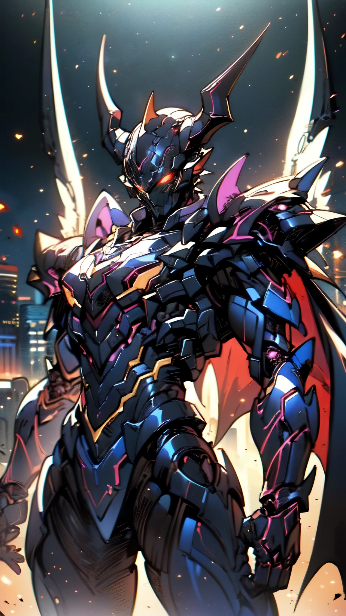 (masterpiece:1.5, best quality:1.5, extremely delicate:1.5), ((male:1.5)), a man wearing a full-face helmet, high-tech biomimetic armored combat suit, (a composite layered chest armor), the design balances heavy with agility, fully enclosed shoulder guards, matching arm and leg guards, a belt of gemstone, (the color scheme is primarily Red with Purple and Yellow accents, Organic Biotech, Concept Inspired by Vampire, glowing eyes, armor glows, huge cloak like devil wings), stand of a futuristic sci-fi city, this character embodies a finely crafted fantasy-style armored hero in anime style, exquisite and mature art style, metallic, high definition, highres, ultra-detailed, ultra-fine painting, professional, perfect body proportions, golden ratio, anatomically correct, symmetrical face, extremely detailed eyes and face, high quality eyes, creativity, RAW photo, UHD, 32k, Natural light, cinematic lighting, (masterpiece-anatomy-perfect:1.2)