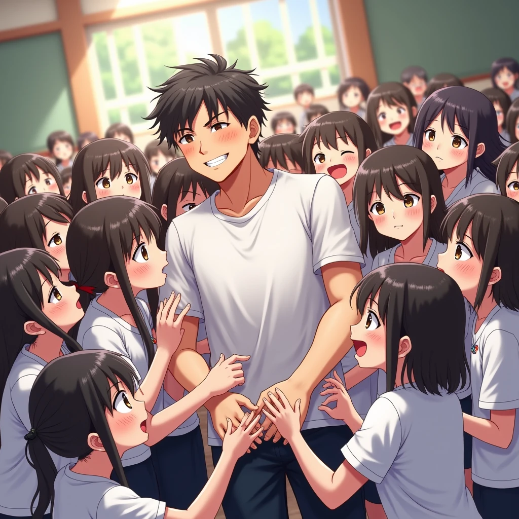 (masterpiece, High Quality ,anime,8K wallpaper),(For a large number of people8 year old s and 1 handsome male teacher in the center :80.0),(For a large number of people8There are no boys among the little young girls :50.0),(For a large number of people8 years old caress the body of a handsome male teacher Small and young girls of :80.0,(For a large number of people8 years old wear school gym shirts Small and young girls of :80.0),(For a large number of people8Little young girls kiss 1 handsome male teacher's cheek :80.0),(For a large number of people8 year old s make their cheeks flush and have a humble smile :50.0),(For a large number of people8 years old surround a handsome male teacher and press themselves against him Small and young girls of {x} years old try to the clothes of a handsome male teacher:80.0,(For a large number of people8 years old wear white t-shirts Small and young girls of :80.0),(For a large number of people8Small and young girls of , gym uniform,Wearing:80.0), (1 handsome male teacher has a happy expression : 50.0),(Japanese school gymnasium 50 .0)