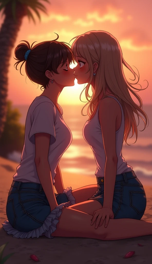 masterpiece, best quality, 2girls, , petite, wh bra, white panties, hugging, love, backlit, sunset, bright, white, best shadows, watercolor,