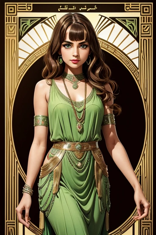  woman ,  1920s flapper dress , 165 centimeters tall ,  slim build,  waist-length wavy brown hair , bright green eyes, ,  ethnicity Indian ,  ethnicity Middle East.