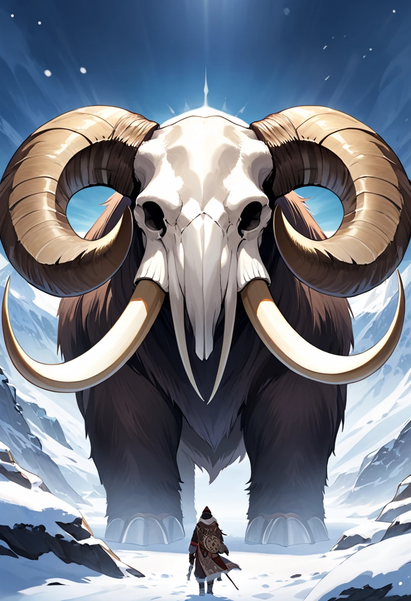 winter tribal fantasy emblem bone-like with a mammoth skull with long tusks, prespective from frontwards
