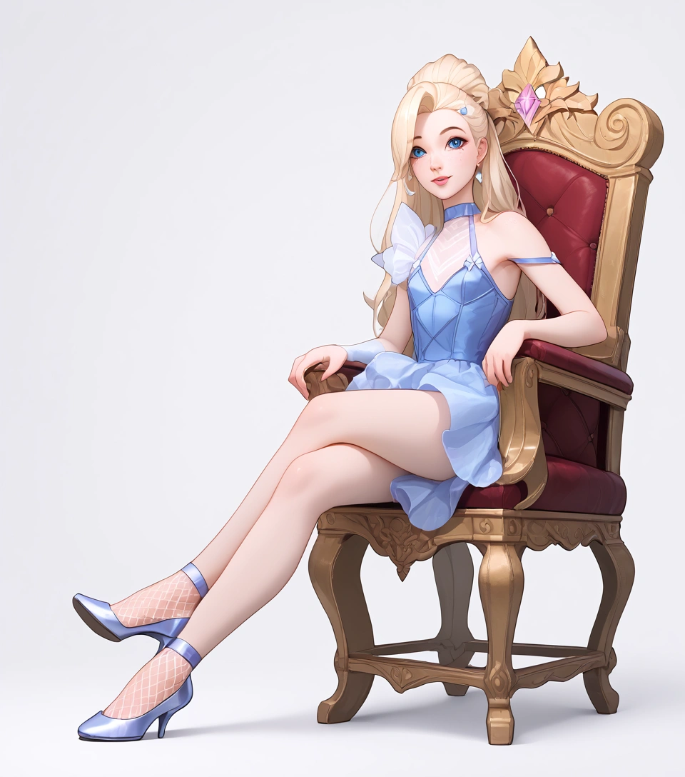 ((full body photo, standing, feet on the ground)) KDA All Out Seraphine .League of Legends., masterpiece, best quality, (sitting on throne, legs crossed, showing feet, profile photo), highly detailed, score_9, score_8_up, score_7_up, score_6_up, anime font ,BREAK, 2girl, solo, long hair, blue eyes, flower, small breasts, bow, looking at viewer, freckles, parted lips, smile, full body, lips red, lips, leather ballet shoes, side photo, she looks at you, fishnets, white background, neutral cast
