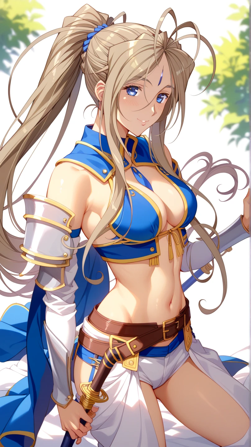 (Belldandy:1.25)、 1 woman、solo、20-year-old woman、Light brown hair、Shiny Hair、 high ponytail 、 blue eyes、Glamorous eyes、 textured skin、female knight、 female Valkyrie armor、Heavily armed、 Beautiful Fantasy-Inspired Armor、Shoulder Bare、Shoulder protector、waist protector 、 foot protector 、Western Thin Swords 、 standing、whole body、front、 high definition ,  best quality、 Detailed Details 、 Western Mysterious Temples 、( blur the background :1.0)、