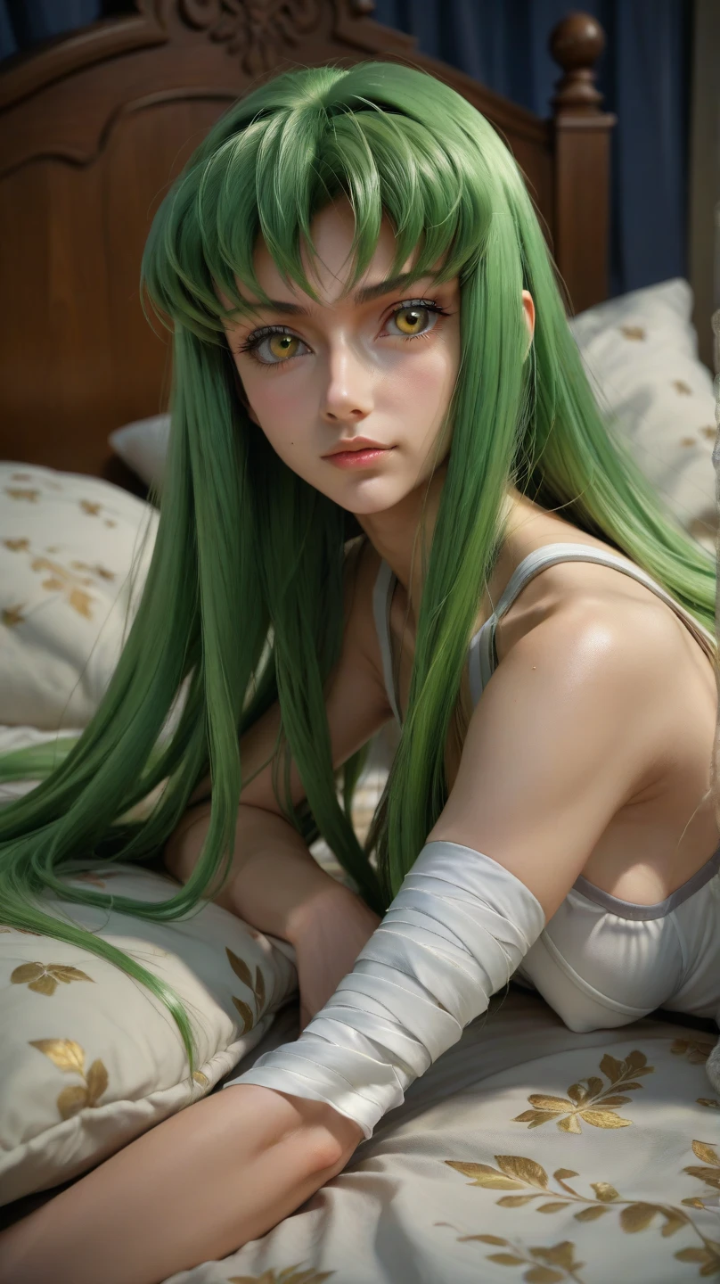 anime woman, CC, Code Geass, long green hair, yellow eyes , transparents bandages , on bed , high quality, best quality, 4k, 8k, hyperdetailed, extremely detailed, masterpiece, photorealistic,
physically-based rendering, sharp focus, vivid colors,