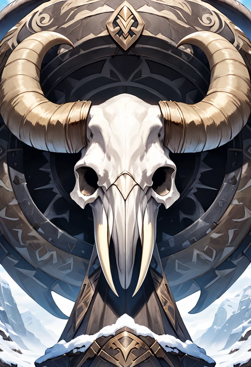 winter tribal fantasy shield bone-like, with a mammoth skull with long tusks in the center, prespective from frontwards
