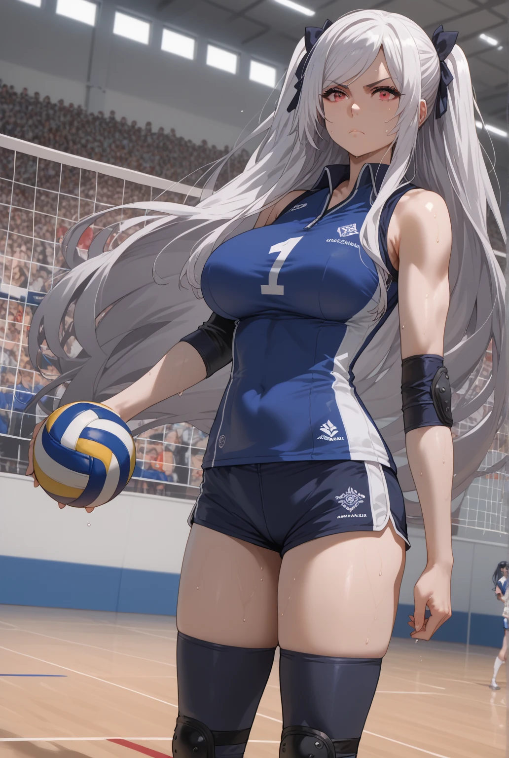 Source anime, Tall girl, Fit girl,score_9, score_8_up, score_7_up, score_6_up, uncensored, alexia midgar, long hair, black hair ribbon, white hair, red eyes, sidelocks, ribbon, huge breast, volleyball, volleyball_uniform, 1girl, solo,  long_hair, knee_pads, sportswear, elbow_pads, grey_background, shorts, holding, volleyball court, thighhighs, sweat, bandages, breasts, closed_mouth, sleeveless, black_thighhighs, black_shorts, serious face, service volley, 