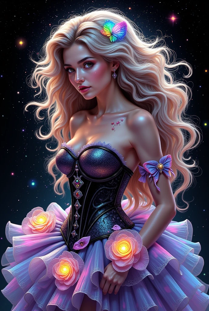  A stunning woman with rainbow glittery lips and eyelids, ice grey eyes that seem to gleam like polished opals, and long, flowing curly blonde hair with subtle, shimmering rainbow highlights that evoke the iridescence of a butterfly's wings. Glowing, ethereal symbols, reminiscent of sacred geometry, are etched on either side of her face, pulsing with a soft, luminescent light. She wears a striking black and white corset tutu dress, its intricate layers and textures infused with a sprinkling of rainbow glittery colors, giving the illusion of a mesmerizing, swirling aurora. The illustration style is a masterful blend of hyperrealism, with the precision and attention to detail of a Audubon illustration, the bold, graphic quality of a Keith Haring drawing, and the delicate, lace-like textures of a Charles Rennie Mackintosh design, all rendered in a dramatic, high-contrast black and white palette with touches of rainbow glitter that seem to dance across the page like a scattering of stardust. glowing vibrant neon