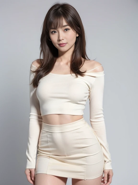 8k, refined face。beautiful make up,naked。((High image quality)),,bare chest,occurrence,,((bare chest)), tanktop, mini-skirt, Big breasts, Thick thighs, Gravure pose,