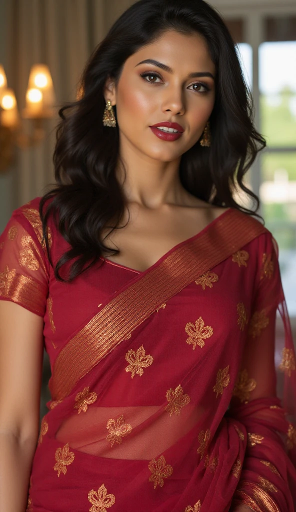 Cute, beautiful woman,(full body view), big natural lips, ((net saree)), indian female model divya bharti, dark red lips, dark red lips,